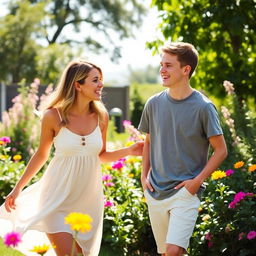 A warm and intimate outdoor family scene with a mother and her teenage son enjoying a sunny day in a lush garden