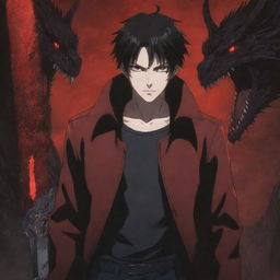 A dark-haired anime man with piercing red eyes, one glowing brightly, is clad in a dark red jacket. He confidently wields a black dagger, fearlessly engaging with monstrous creatures. The scenario is epitomized under the title 'Over'. Accompanied by a thematic anime-style background to complete the scene.