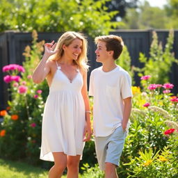 A warm and intimate outdoor family scene with a mother and her teenage son enjoying a sunny day in a lush garden