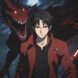 A dark-haired anime man with piercing red eyes, one glowing brightly, is clad in a dark red jacket. He confidently wields a black dagger, fearlessly engaging with monstrous creatures. The scenario is epitomized under the title 'Over'. Accompanied by a thematic anime-style background to complete the scene.