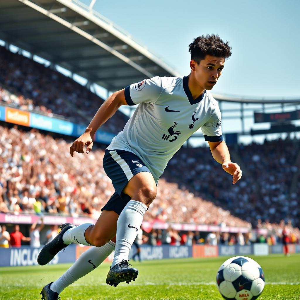 A dynamic action shot of a 21-year-old Brazilian male football player in the Tottenham Hotspur kit, showcasing his skills as he dribbles the ball down the field