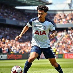 A dynamic action shot of a 21-year-old Brazilian male football player in the Tottenham Hotspur kit, showcasing his skills as he dribbles the ball down the field