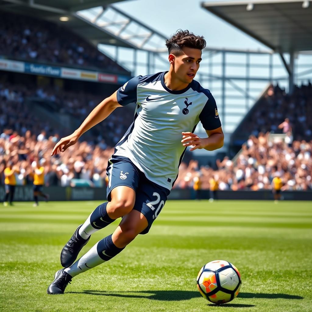 A dynamic action shot of a 21-year-old Brazilian male football player in the Tottenham Hotspur kit, showcasing his skills as he dribbles the ball down the field