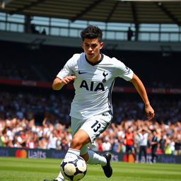 A dynamic action shot of a 21-year-old Brazilian male football player in the Tottenham Hotspur kit, showcasing his skills as he dribbles the ball down the field