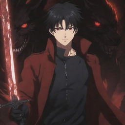 A dark-haired anime man with piercing red eyes, one glowing brightly, is clad in a dark red jacket. He confidently wields a black dagger, fearlessly engaging with monstrous creatures. The scenario is epitomized under the title 'Over'. Accompanied by a thematic anime-style background to complete the scene.