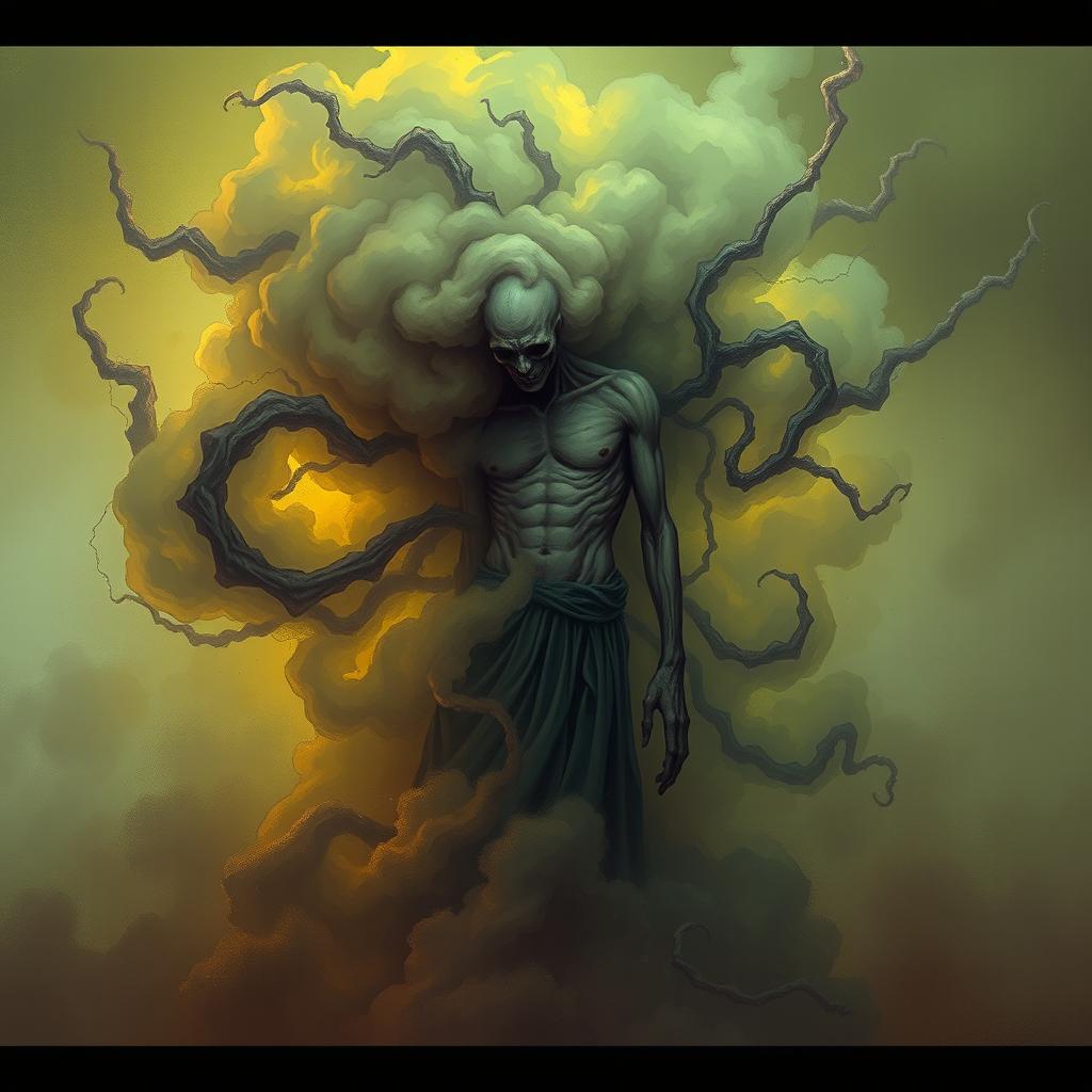 A haunting illustration of a solitary figure enveloped in a sinister miasma