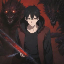 A dark-haired anime man with piercing red eyes, one glowing brightly, is clad in a dark red jacket. He confidently wields a black dagger, fearlessly engaging with monstrous creatures. The scenario is epitomized under the title 'Over'. Accompanied by a thematic anime-style background to complete the scene.