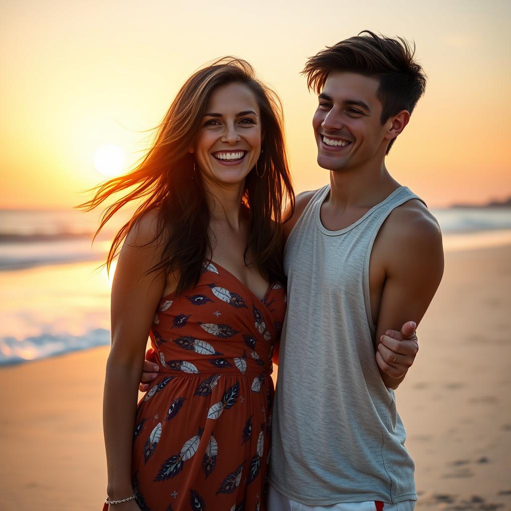 A strikingly attractive 45-year-old woman with flowing brunette hair and a warm smile, wearing a stylish summer dress that accentuates her curves, standing on a sandy beach