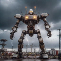 A majestic teslapunk mecha, crafted with Tesla coils and lightning rods, pulsating with electric arcs and energy balls, standing amid an environment of buzzing electrical substations and stormy skies.