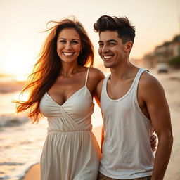 A strikingly attractive 45-year-old woman with flowing brunette hair and a warm smile, wearing a stylish summer dress that accentuates her curves, standing on a sandy beach