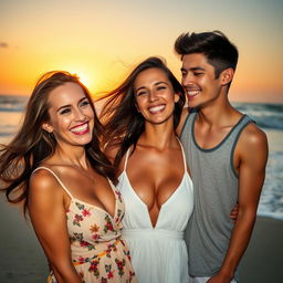 A strikingly attractive 45-year-old woman with flowing brunette hair and a warm smile, wearing a stylish summer dress that accentuates her curves, standing on a sandy beach