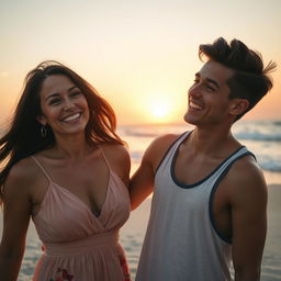 A strikingly attractive 45-year-old woman with flowing brunette hair and a warm smile, wearing a stylish summer dress that accentuates her curves, standing on a sandy beach