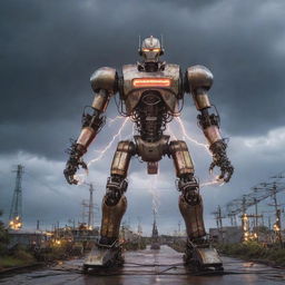 A majestic teslapunk mecha, crafted with Tesla coils and lightning rods, pulsating with electric arcs and energy balls, standing amid an environment of buzzing electrical substations and stormy skies.