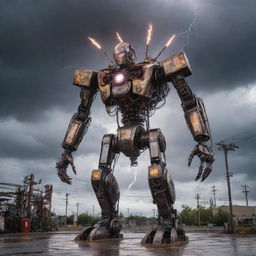 A majestic teslapunk mecha, crafted with Tesla coils and lightning rods, pulsating with electric arcs and energy balls, standing amid an environment of buzzing electrical substations and stormy skies.