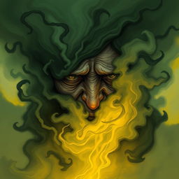 A dark fantasy illustration featuring a close-up of a solitary figure's face enveloped in a sinister miasma