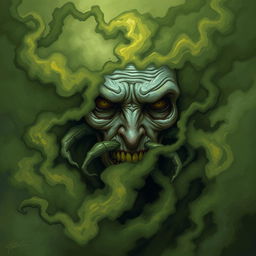 A dark fantasy illustration featuring a close-up of a solitary figure's face enveloped in a sinister miasma