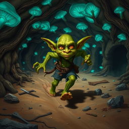 A dynamic scene featuring a hunched, wiry goblin dashing through a twisting underground warren