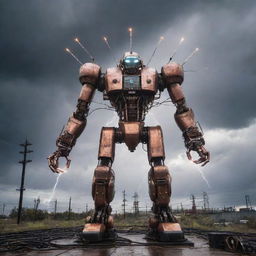 A majestic teslapunk mecha, crafted with Tesla coils and lightning rods, pulsating with electric arcs and energy balls, standing amid an environment of buzzing electrical substations and stormy skies.