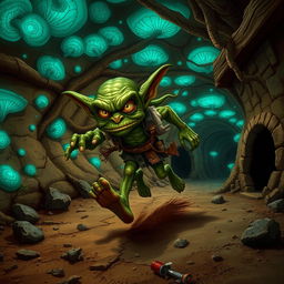 A dynamic scene featuring a hunched, wiry goblin dashing through a twisting underground warren