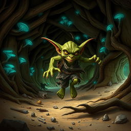 A dynamic scene featuring a hunched, wiry goblin dashing through a twisting underground warren