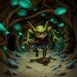 A dynamic scene featuring a hunched, wiry goblin dashing through a twisting underground warren