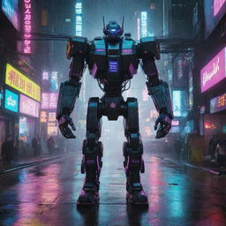 A high-tech cyberpunk mecha, covered in glowing neon graphics and holographic interfaces, wired into the neon-drenched, rain-soaked streets of a dystopian metropolis.