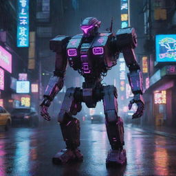 A high-tech cyberpunk mecha, covered in glowing neon graphics and holographic interfaces, wired into the neon-drenched, rain-soaked streets of a dystopian metropolis.