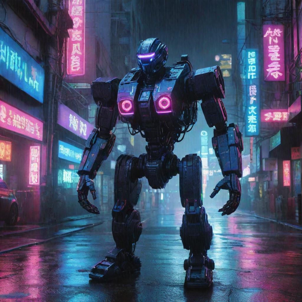 A high-tech cyberpunk mecha, covered in glowing neon graphics and holographic interfaces, wired into the neon-drenched, rain-soaked streets of a dystopian metropolis.