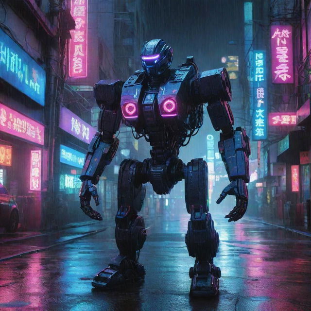 A high-tech cyberpunk mecha, covered in glowing neon graphics and holographic interfaces, wired into the neon-drenched, rain-soaked streets of a dystopian metropolis.