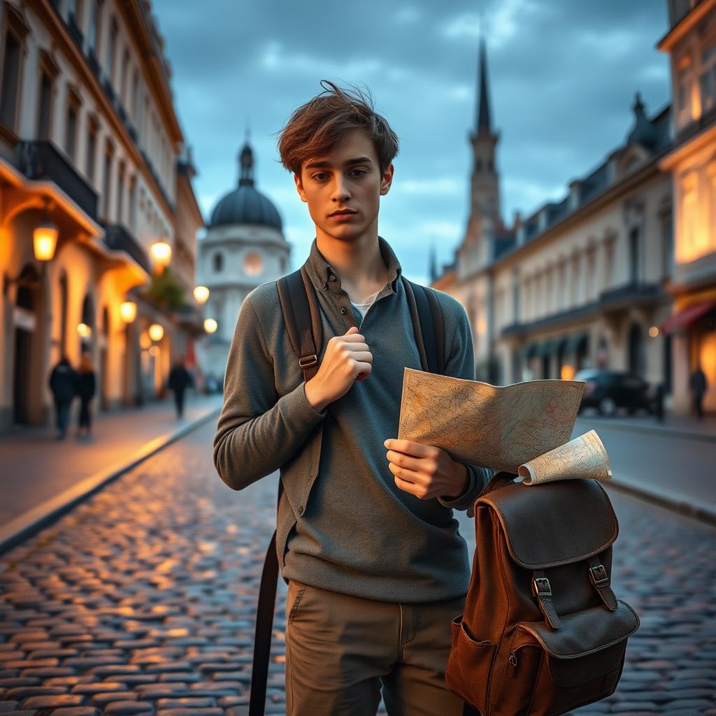 A captivating scene inspired by the Netflix movie 'Roman le voyageur', which showcases a young man with a traveler's spirit, surrounded by iconic landmarks of Europe