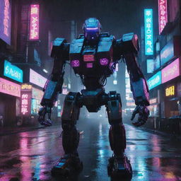 A high-tech cyberpunk mecha, covered in glowing neon graphics and holographic interfaces, wired into the neon-drenched, rain-soaked streets of a dystopian metropolis.