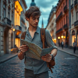 A captivating scene inspired by the Netflix movie 'Roman le voyageur', which showcases a young man with a traveler's spirit, surrounded by iconic landmarks of Europe