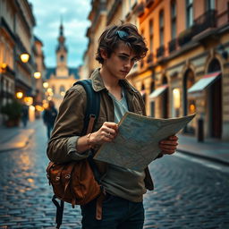 A captivating scene inspired by the Netflix movie 'Roman le voyageur', which showcases a young man with a traveler's spirit, surrounded by iconic landmarks of Europe