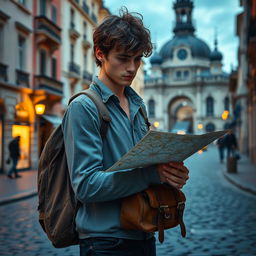 A captivating scene inspired by the Netflix movie 'Roman le voyageur', which showcases a young man with a traveler's spirit, surrounded by iconic landmarks of Europe