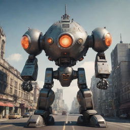 A robust atompunk mecha, detailed with atomic symbols and reactor cores, radiating a soft nuclear glow, placed in a retro-futuristic world of domed cities and sleek rockets.