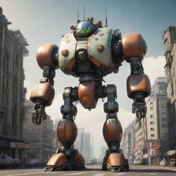 A robust atompunk mecha, detailed with atomic symbols and reactor cores, radiating a soft nuclear glow, placed in a retro-futuristic world of domed cities and sleek rockets.