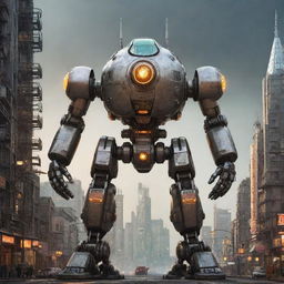 A robust atompunk mecha, detailed with atomic symbols and reactor cores, radiating a soft nuclear glow, placed in a retro-futuristic world of domed cities and sleek rockets.