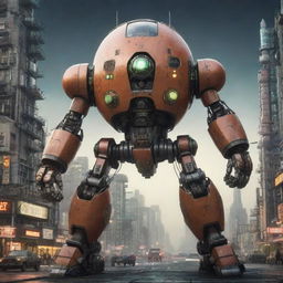 A robust atompunk mecha, detailed with atomic symbols and reactor cores, radiating a soft nuclear glow, placed in a retro-futuristic world of domed cities and sleek rockets.