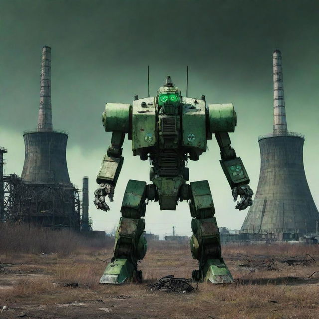 An intimidating nuclearpunk mecha, armored with lead shielding, radiation symbols, and cooling towers, emanating a sickly green glow, nestled in a post-apocalyptic landscape of dilapidated nuclear power plants.