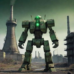 An intimidating nuclearpunk mecha, armored with lead shielding, radiation symbols, and cooling towers, emanating a sickly green glow, nestled in a post-apocalyptic landscape of dilapidated nuclear power plants.