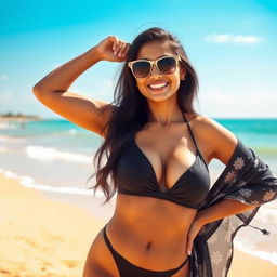 A beautiful Malayalee woman confidently posing on a sunlit beach, wearing a stylish black bikini