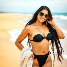 A beautiful Malayalee woman confidently posing on a sunlit beach, wearing a stylish black bikini