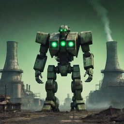 An intimidating nuclearpunk mecha, armored with lead shielding, radiation symbols, and cooling towers, emanating a sickly green glow, nestled in a post-apocalyptic landscape of dilapidated nuclear power plants.