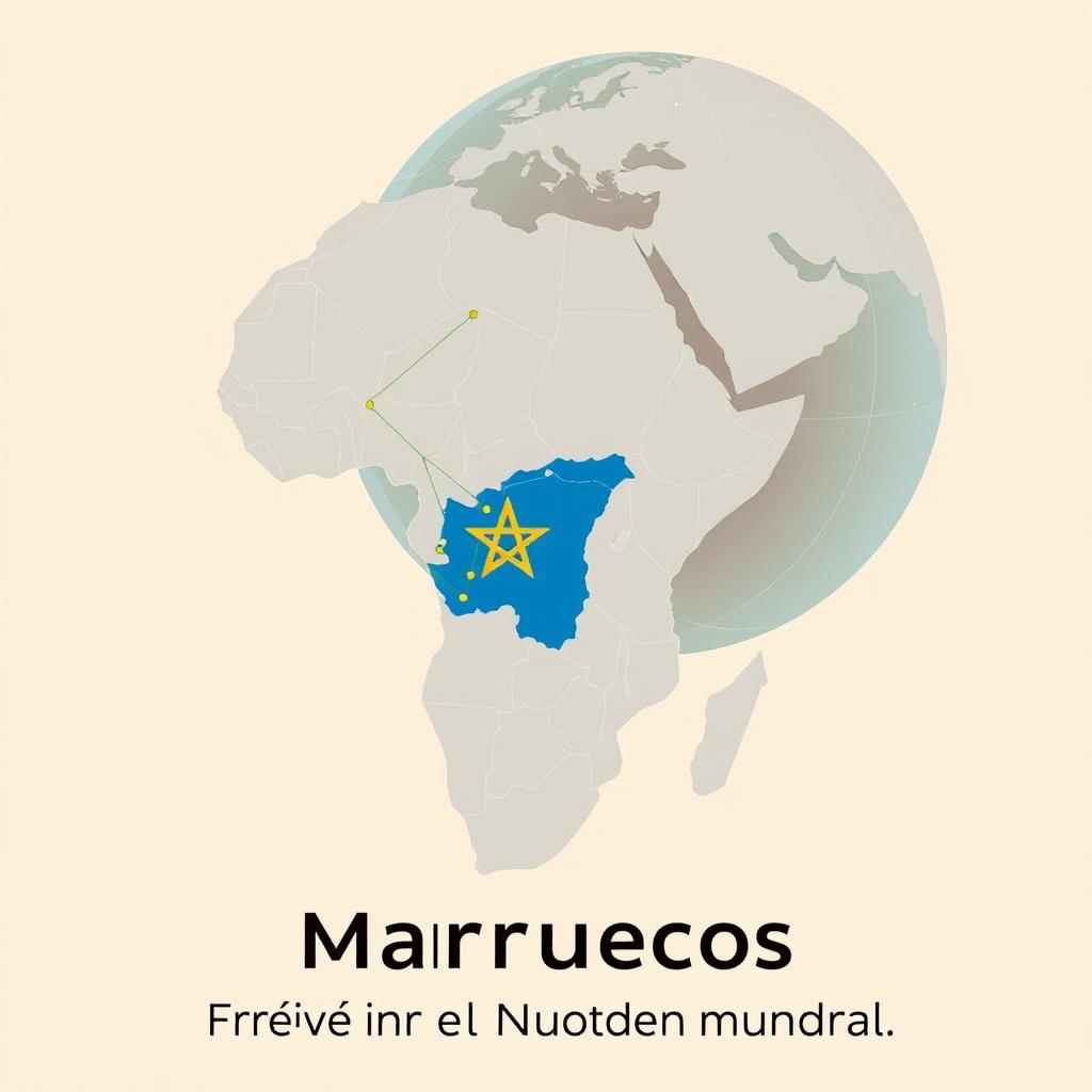 A stylized map of North Africa in neutral tones, featuring Morocco highlighted in a vibrant color, such as blue or gold