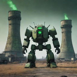 An intimidating nuclearpunk mecha, armored with lead shielding, radiation symbols, and cooling towers, emanating a sickly green glow, nestled in a post-apocalyptic landscape of dilapidated nuclear power plants.