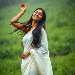 A stunning Malayalee woman gracefully enjoying the rain, wearing a traditional white saree that clings beautifully to her silhouette as water droplets cascade down