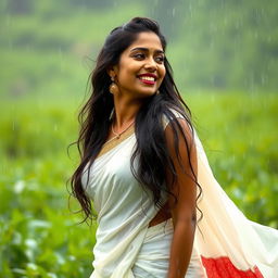 A stunning Malayalee woman gracefully enjoying the rain, wearing a traditional white saree that clings beautifully to her silhouette as water droplets cascade down