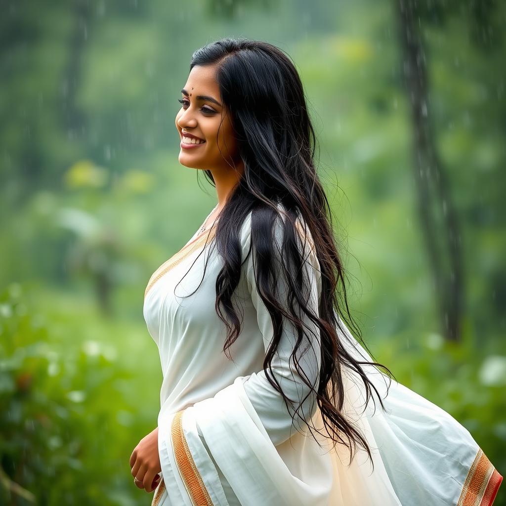 A stunning Malayalee woman gracefully enjoying the rain, wearing a traditional white saree that clings beautifully to her silhouette as water droplets cascade down