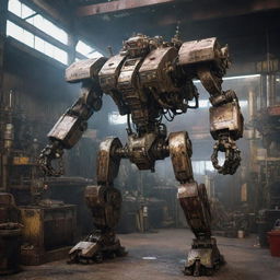 A mighty mechanicpunk mecha, crafted with exposed mechanical structures, tool-equipped appendages and oil-streaked surfaces, set against the background of a bustling, grease-stained machine shop.