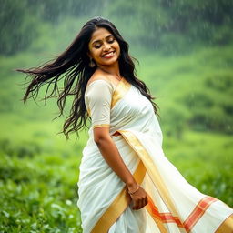 A stunning Malayalee woman gracefully enjoying the rain, wearing a traditional white saree that clings beautifully to her silhouette as water droplets cascade down